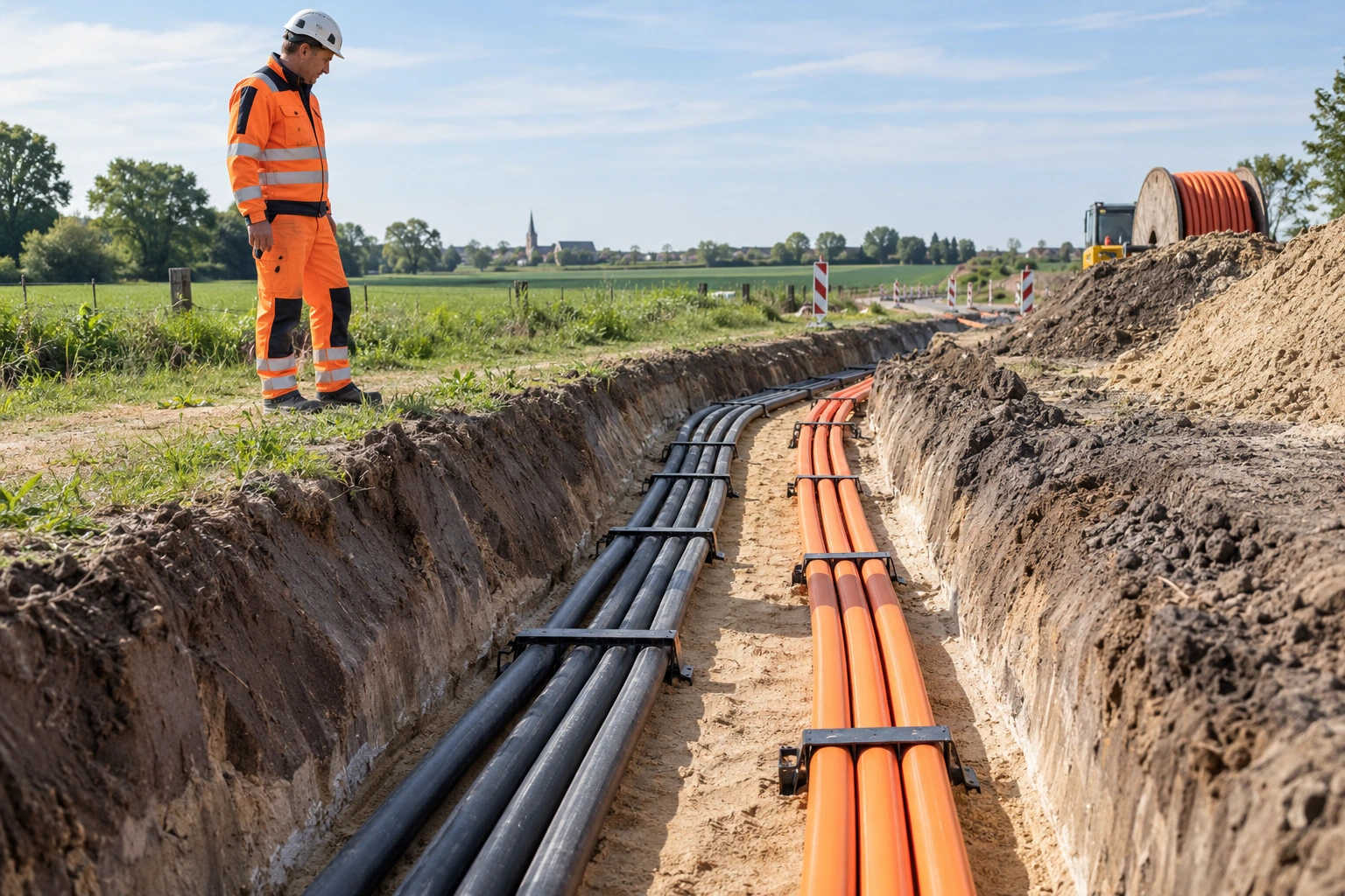 Strom- und Datenleitungen auf einer Meilenstein-Baustelle