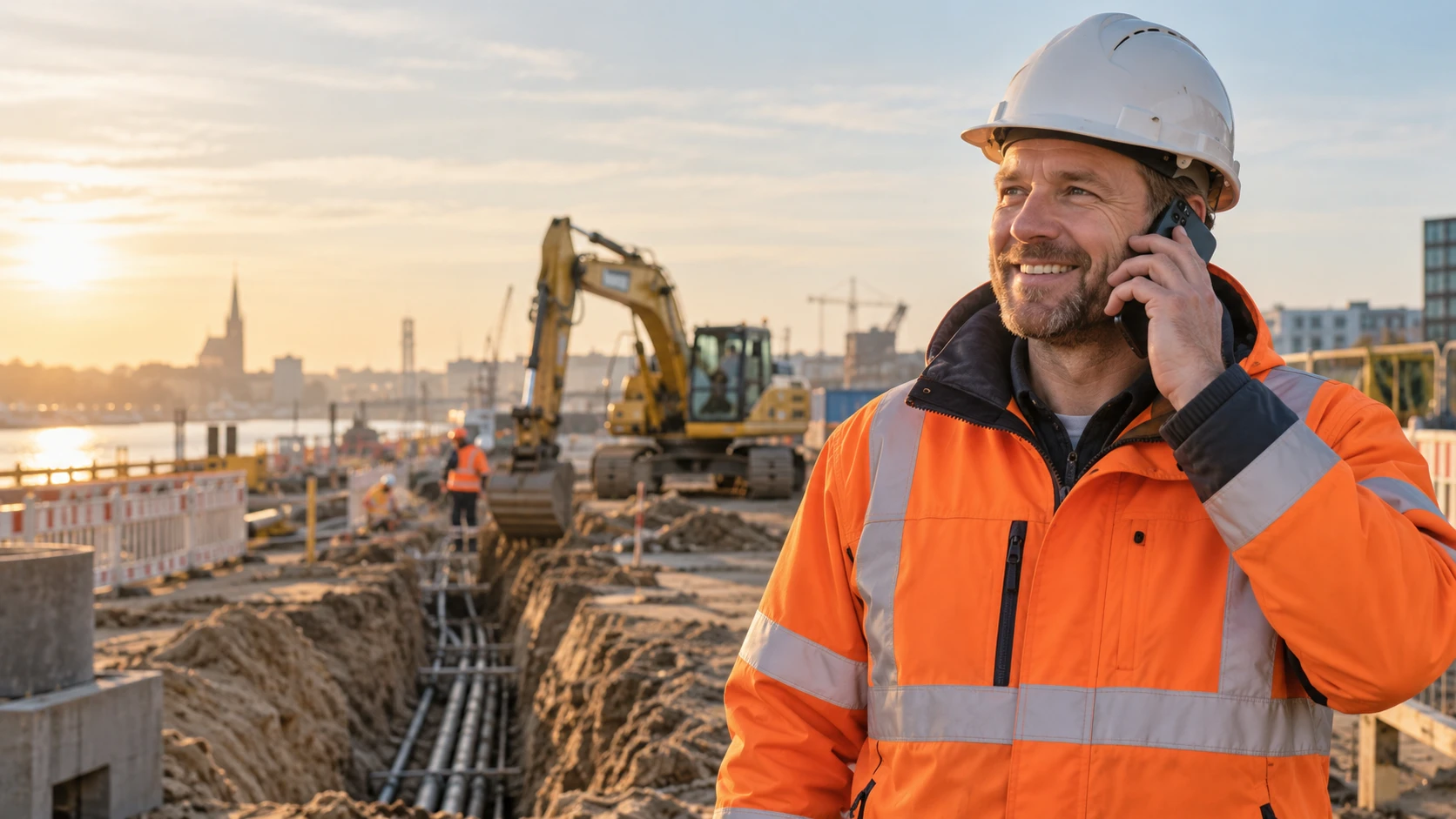 Freundlicher Bauleiter telefoniert auf einer Baustelle – KI-generiertes Illustrationsbild