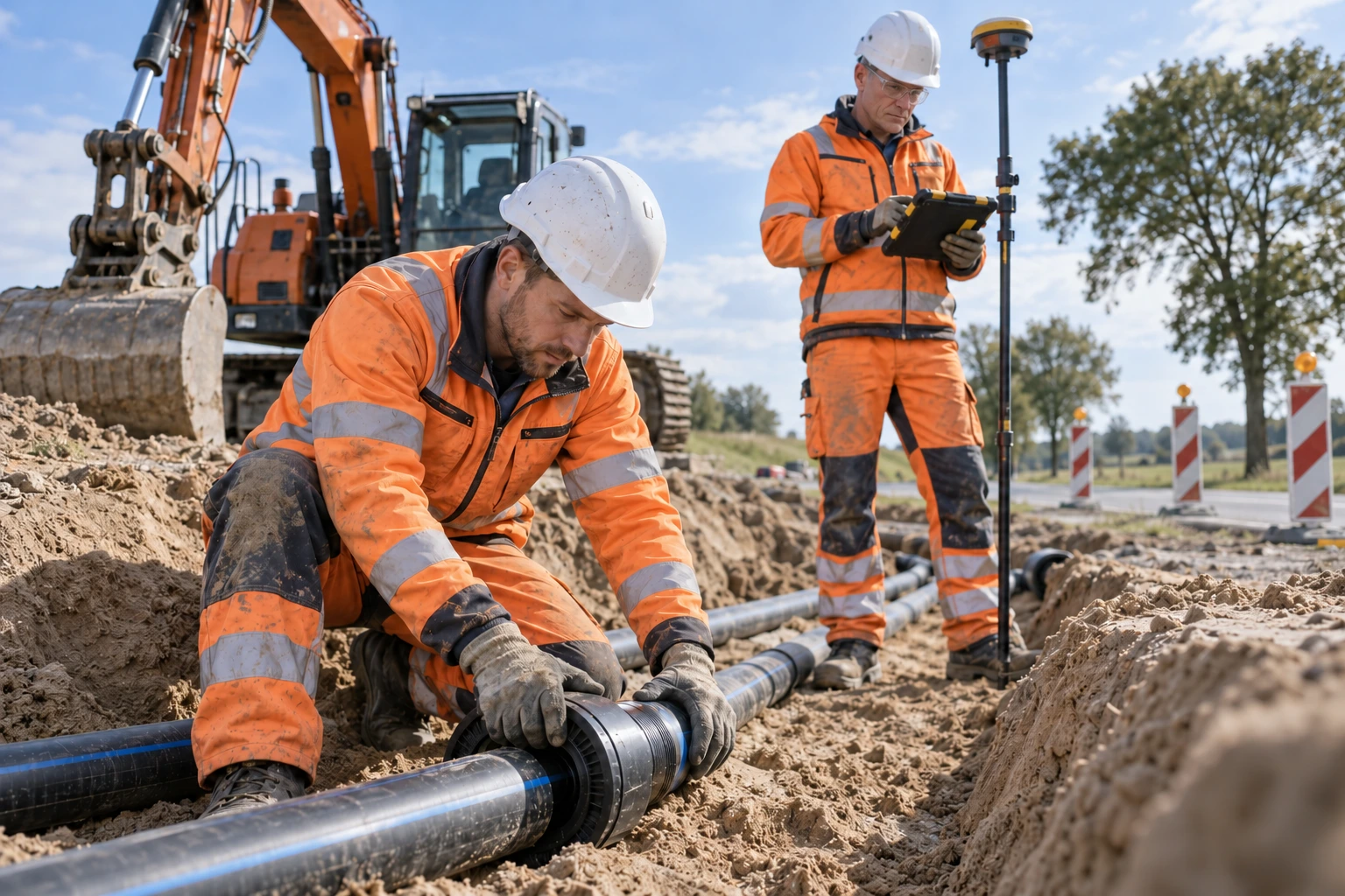 Illustratives Motiv: Fachkräfte bei Tiefbauarbeiten mit moderner Technik